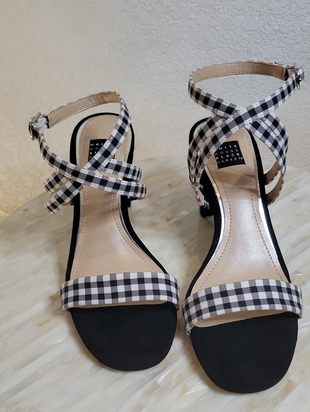 White House Black Market Black&White Gingham Crisscross Ankle Strap Heels Sz 5.5